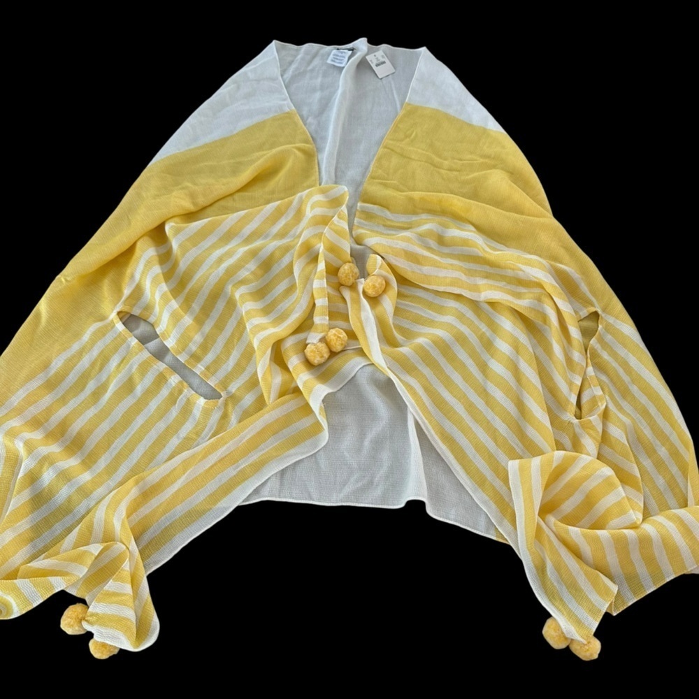 NWT J‎ Crew Womens Yellow White Pompom Trim Cape Scarf Coverup Beachy New Modal - Picture 2 of 10